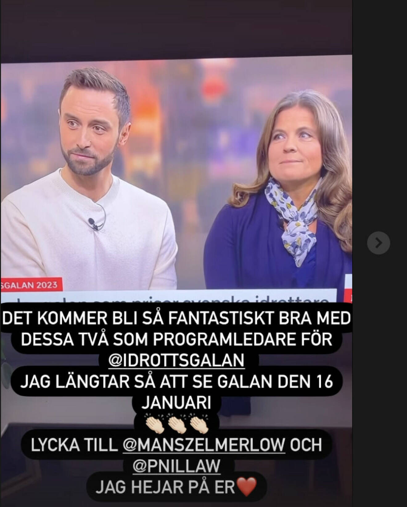 Måns Zelmerlöw och Pernilla Wiberg programleder Idrottsgalan 2023