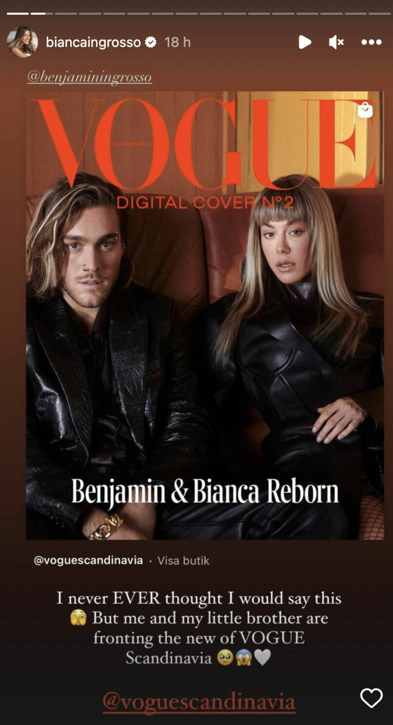 Ett inlägg av Bianca Ingrosso där hon visar upp ett omslag med henne och brodern Benjamin Ingrosso