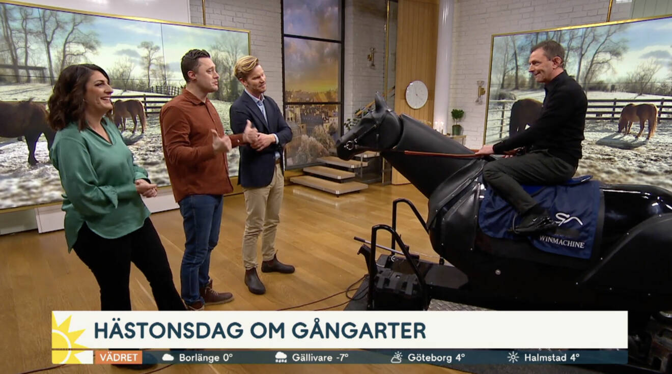 Soraya Lavasani, Per Skoglund och Martin Järborg i Nyhetsmorgon-studion och ska testa en galoppsimulator
