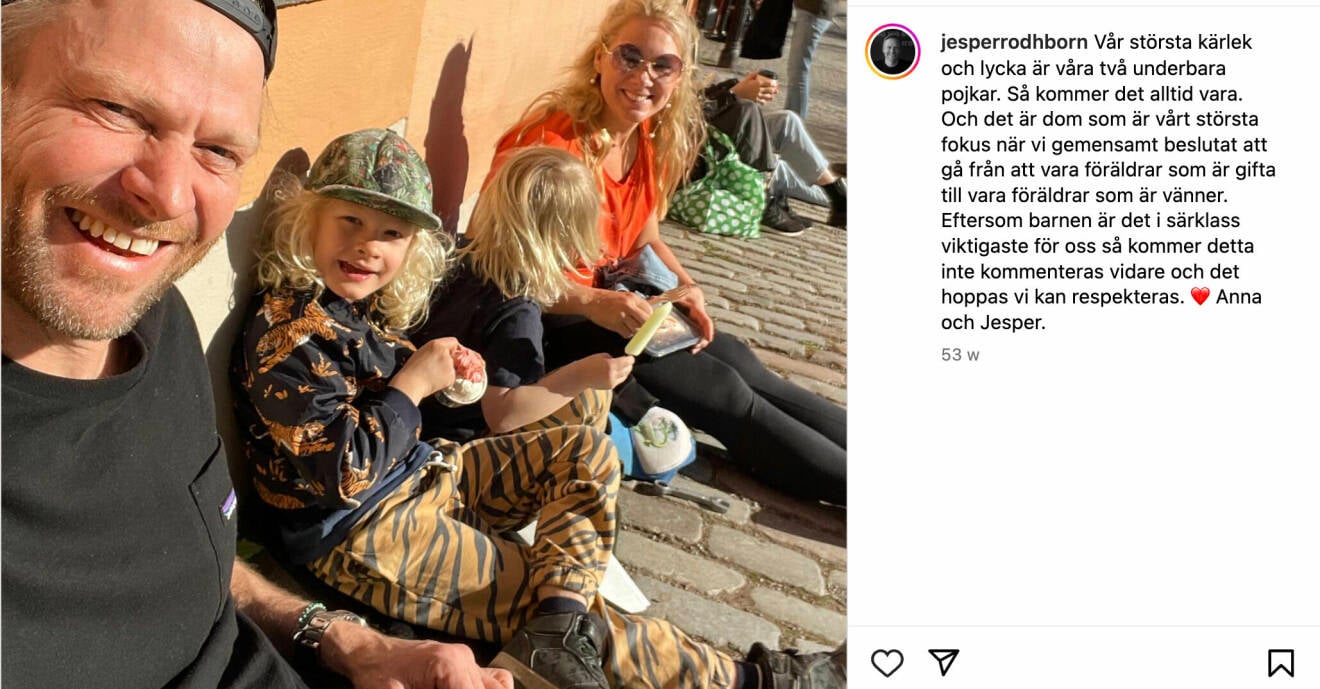 Ett inlägg från Jesper Rodhborn och Anna Brolins Instagram där de meddelar att de separerar under en bild på familjen