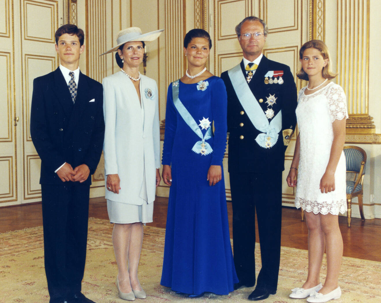 Prins Carl Philip, drottning Silvia, kronprinsessan Victoria, kung Carl XVI Gustaf och prinsessan Madeleine