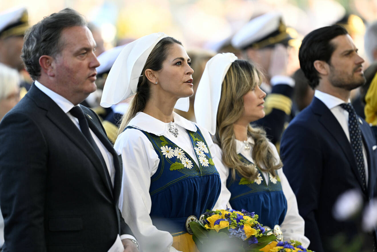 Christopher O'Neill, prinsessan Madeleine, prinsessan Sofia och prins Carl Philip på Skansen