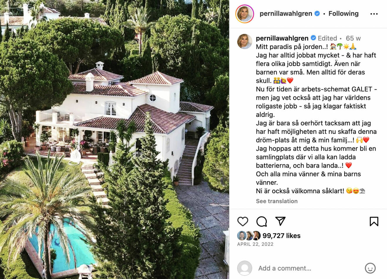 Pernilla Wahlgrens hus i Spanien, en skärmdump från hennes Instagram