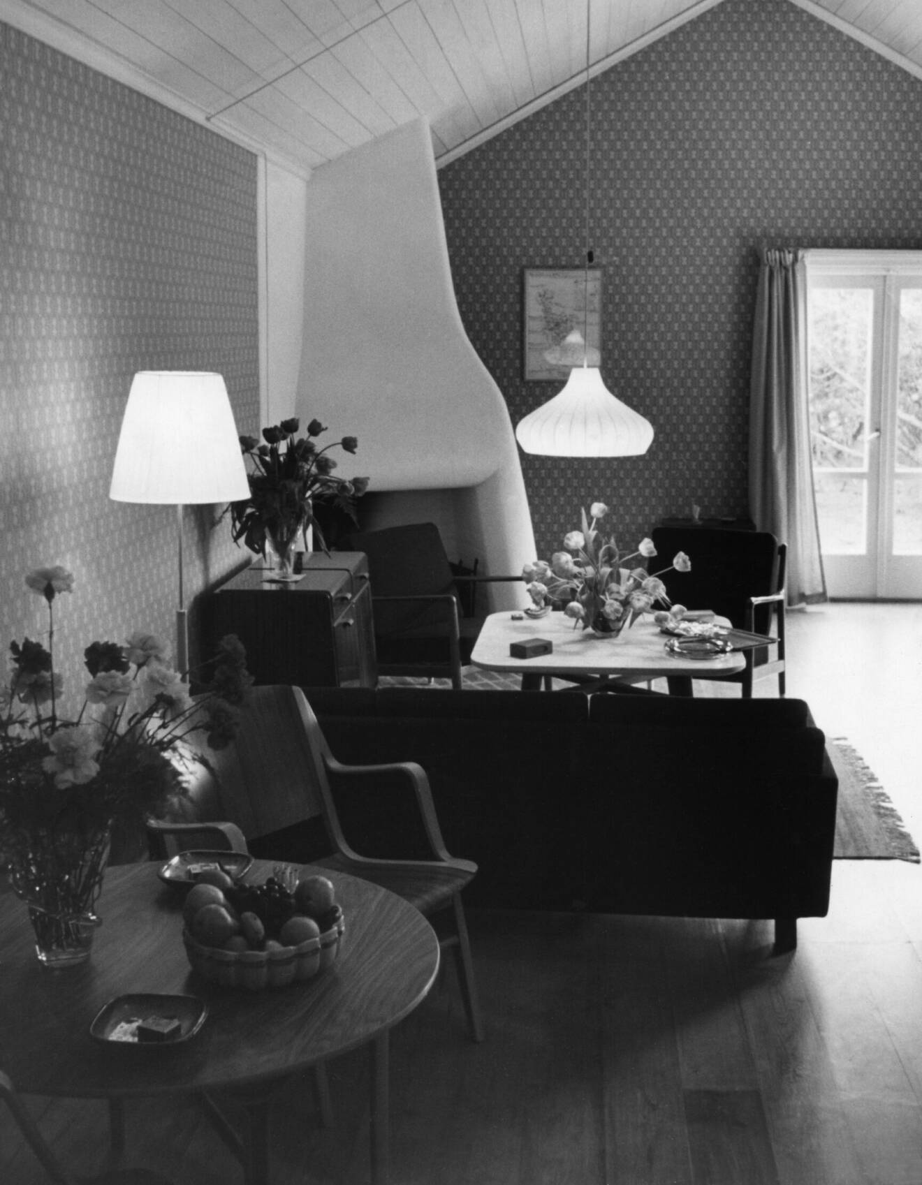 Vardagsrummet i prins Bertils och prinsessan Lilians hus Villa Solgården i Tylösand 1954