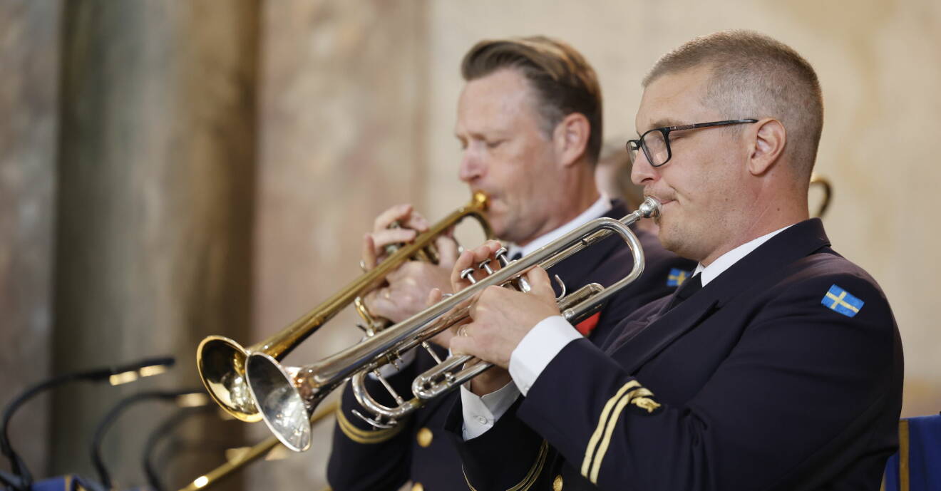 Blåsmusiker vid tacksägelsegudstjänsten, Te Deum, i Slottskyrkan på Stockholms slott.