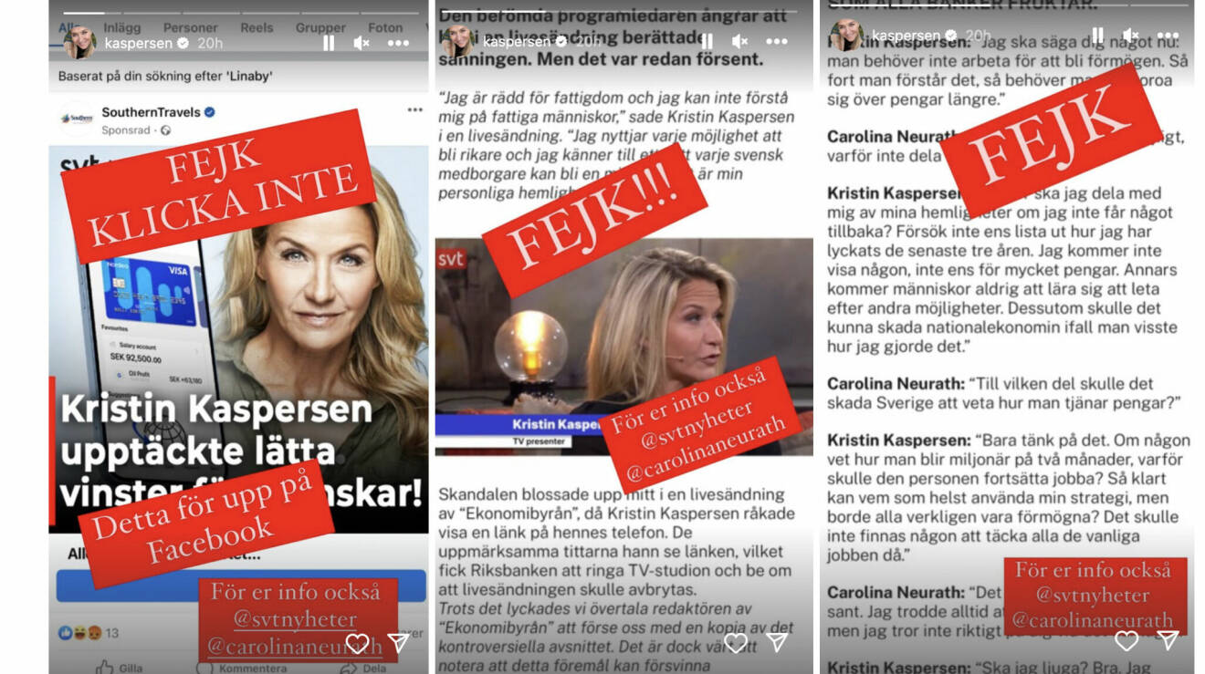 Kristin Kaspersen varnar Carolina Neurath för en bluffannons på Instagram