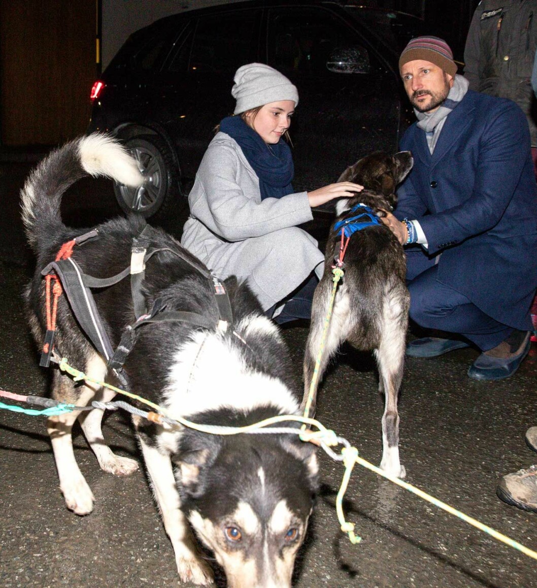 Två hundvänner på kungligt uppdrag. Prinsessan Ingrid Alexandra och kronprins Haakon klappar hundarna i hundspannet.