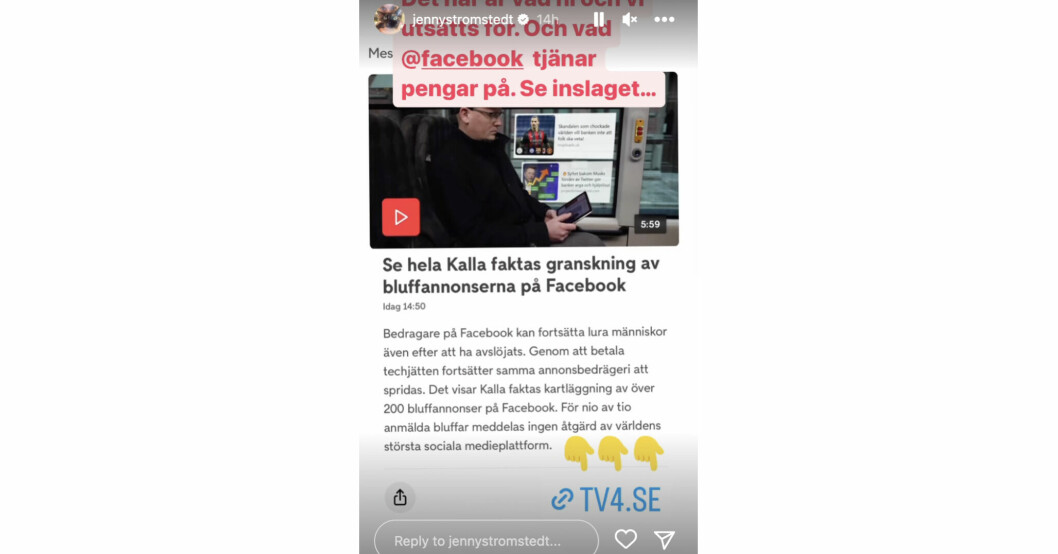 Jenny Strömstedt vill varna för bedragare som bland annat använder kändisars namn, som hennes. Jenny Strömstedt länkar till Kalla Faktas granskning om bluffannonser på sin Instagramstory