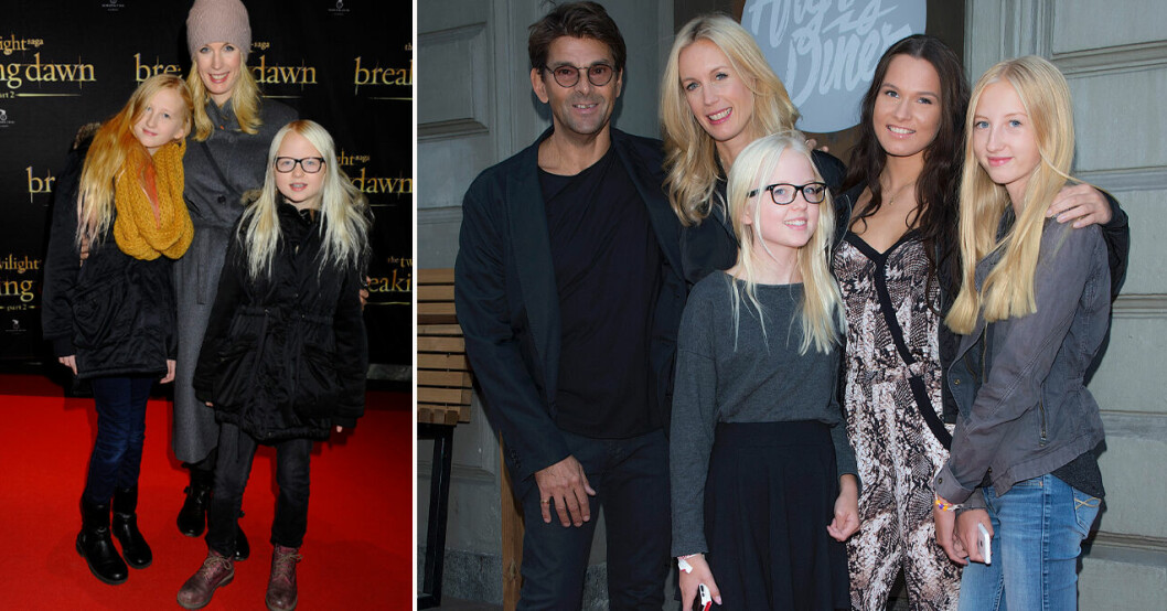 Till vänster: Mika, Jenny och Kitty år 2012. Till höger: Niklas Strömstedt, Jenny Strömstedt, Kitty, Maja och Mika år 2014.