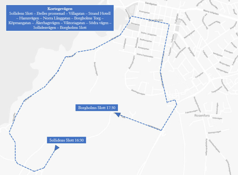 Vagnkortegen kommer att pågå i cirka en timme och gå genom hela Borgholm. Kortegevägen