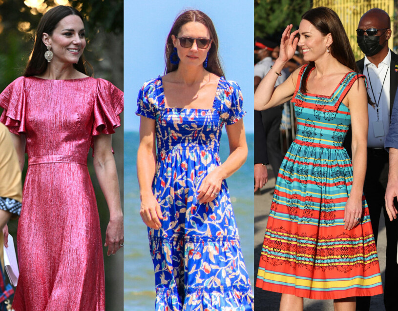 Rosaskimrande paljettklänning från Vampire’s Wife, volangkantad beachdress från Tory Burch – och längst till höger en tvättäkta vintageklänning från 1950-talet som har fått nytt kungligt liv. Kates klänningar under besöket i Jamaica och Belize