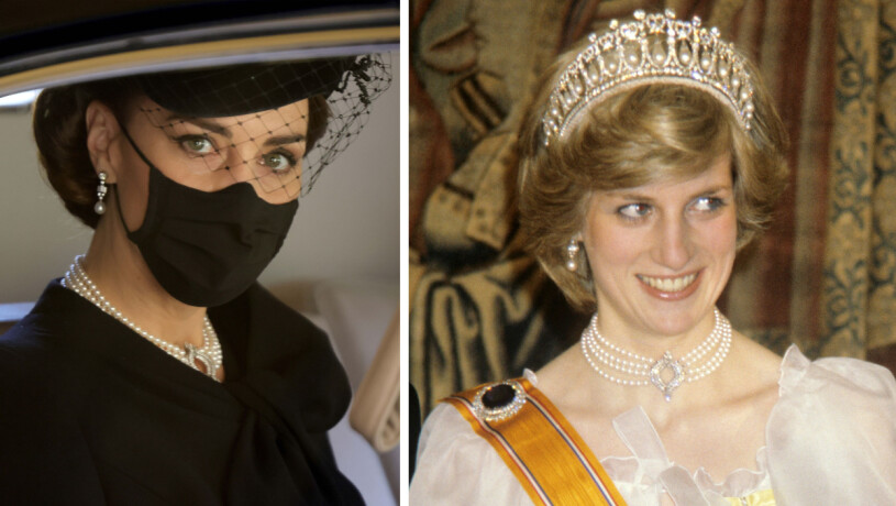 Hertiginnan Kate bar drottningens halsband, som tidigare burits av prinsessan Diana. Hertiginnan Kate och prinsessan Diana med drottning Elizabeths halsband