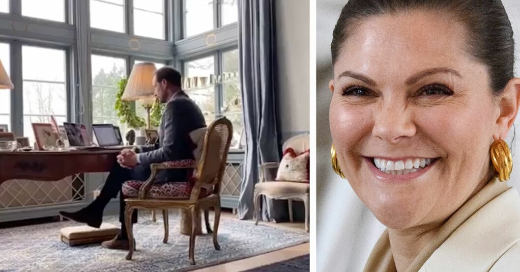 Kronprinsessan Victoria och kronprins Haakon i sitt arbetsrum.