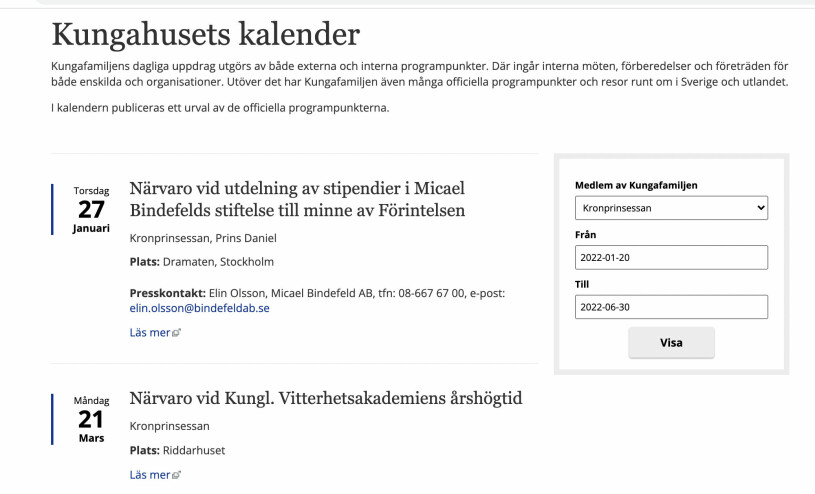 Skärmdump: Hovets hemsida.