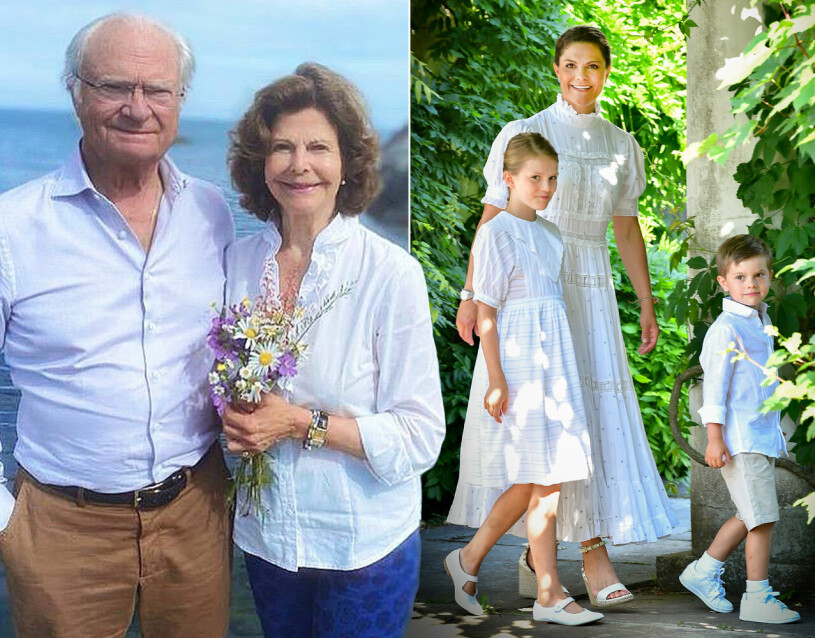 Kungaparet ordnar midsommarfirandet för hela familjen. Kungaparet och kronprinsessan Victoria med prins Oscar och prinsessan Estelle