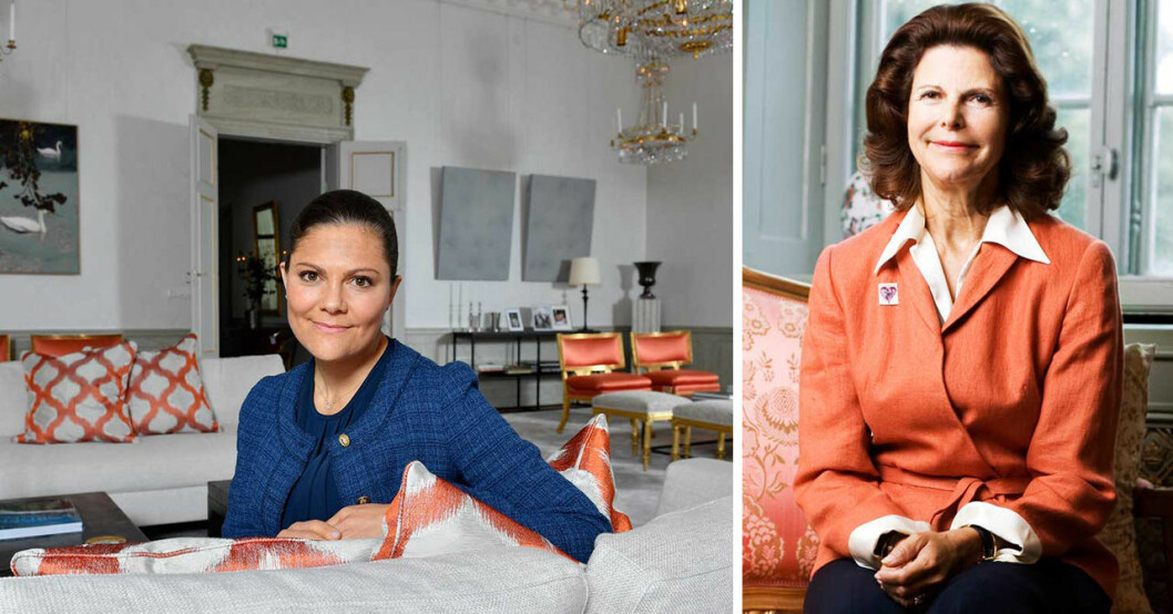 Kronprinsessan Victoria i sitt vardagsrum. Drottning Silvia i en soffa.
