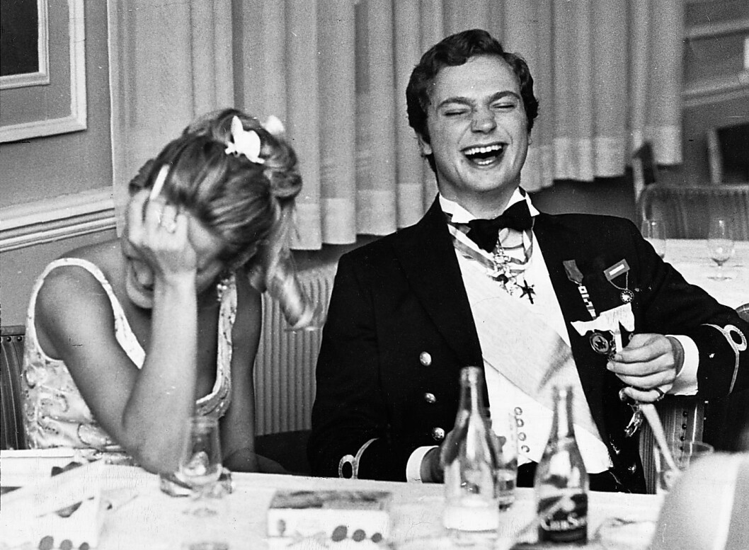 Kronprins Carl Gustaf och Vivi Lodding på studentfest på Grand i Lund 1968. Kungen 1968