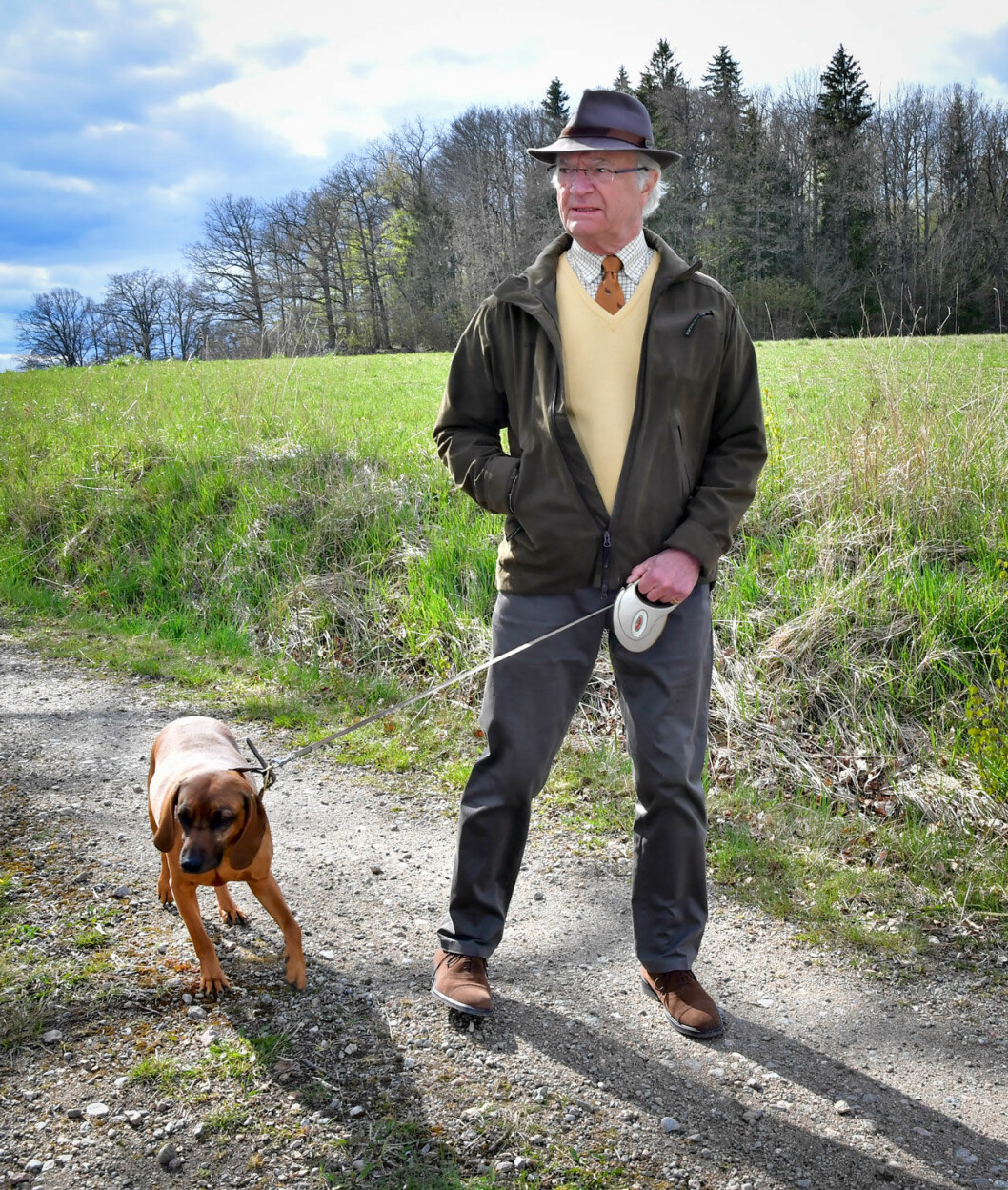 Brandie med husse kungen. Kungen med sin bayerska viltspårhund Brandie.