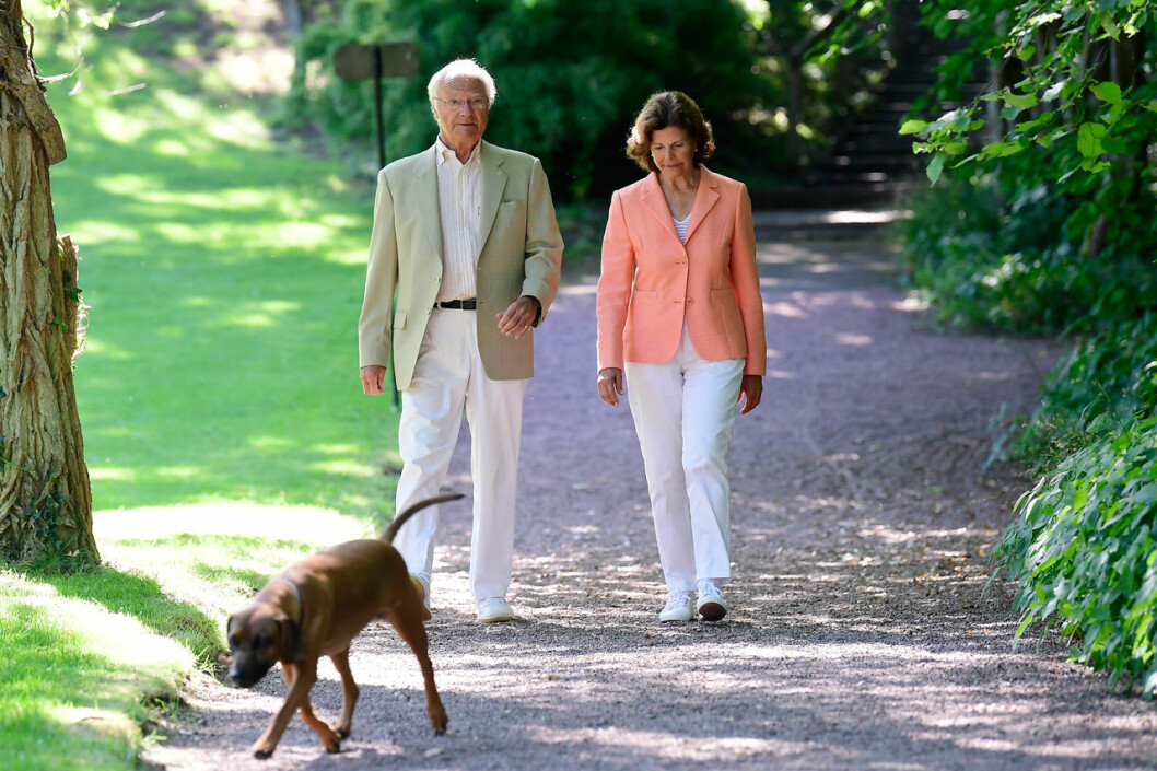 Kungen, drottningen och hunden Brandie, fotograferade i dag på förmiddagen. Kungen och drottningen vid Idéträdgårdstävlingen 2020 på Sollidens slott.