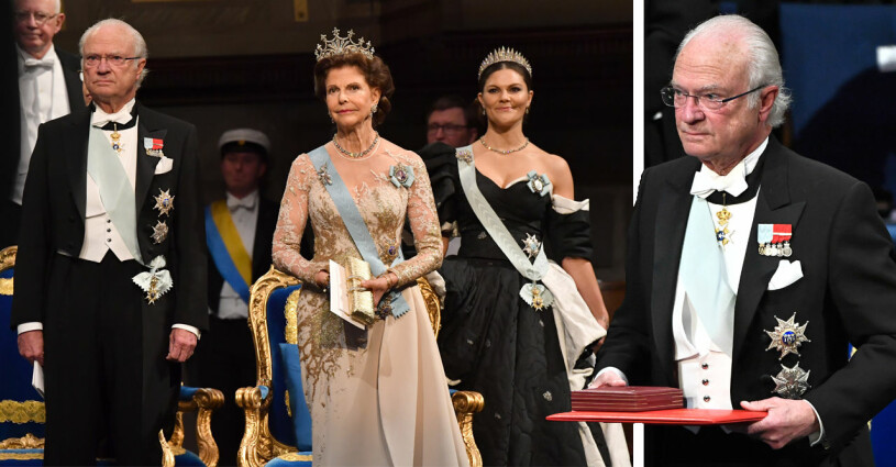 Så här brukar det se ut. I vanliga fall är det ju kungen som av hävd och tradition delar ut Nobelpriset i Konserthuset i Stockholm på Nobeldagen den 10 december. Kungen Kung Carl Gustaf Drottningen Drottning Silvia Kronprinsessan Victoria Nobel Konserthuset