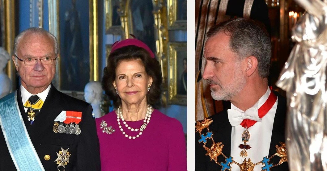 Kung Felipe bar inte munskydd inomhus, vilket man måste göra i Spanien. Kungen, drottning Silvia och kung Felipe