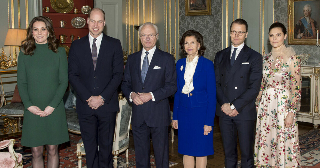 Hertiginnan Kate, prins William, kung Carl Gustaf, drottning Silvia, prins Daniel och kronprinsessan Victoria