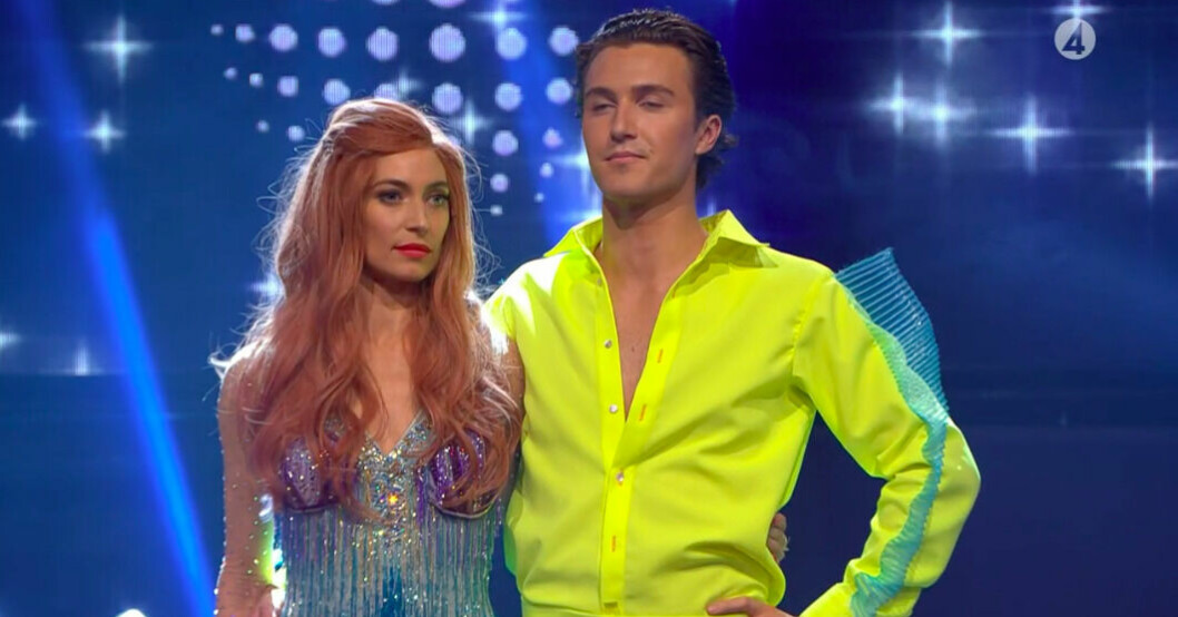 En nervös Cecilia von der Esch och Hugo Gustafsson som väntar på beskedet i lördagens Let's Dance. Cecilia von der Esch och Hugo Gustafsson
