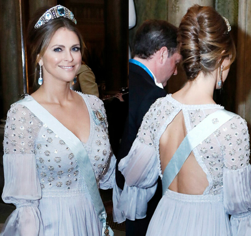 Prinsessan Madeleine på kungamiddag i babyblå chiffong och med helt bar rygg. Prinsessan Madeleine på kungamiddag i ljusblå aftonklänning