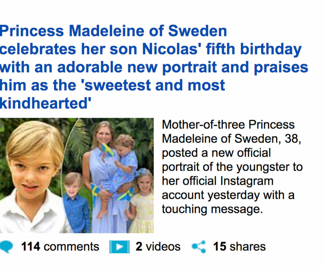 Hyllningsartikeln i Daily Mail. Daily Mail hyllar prinsessan Madeleine.