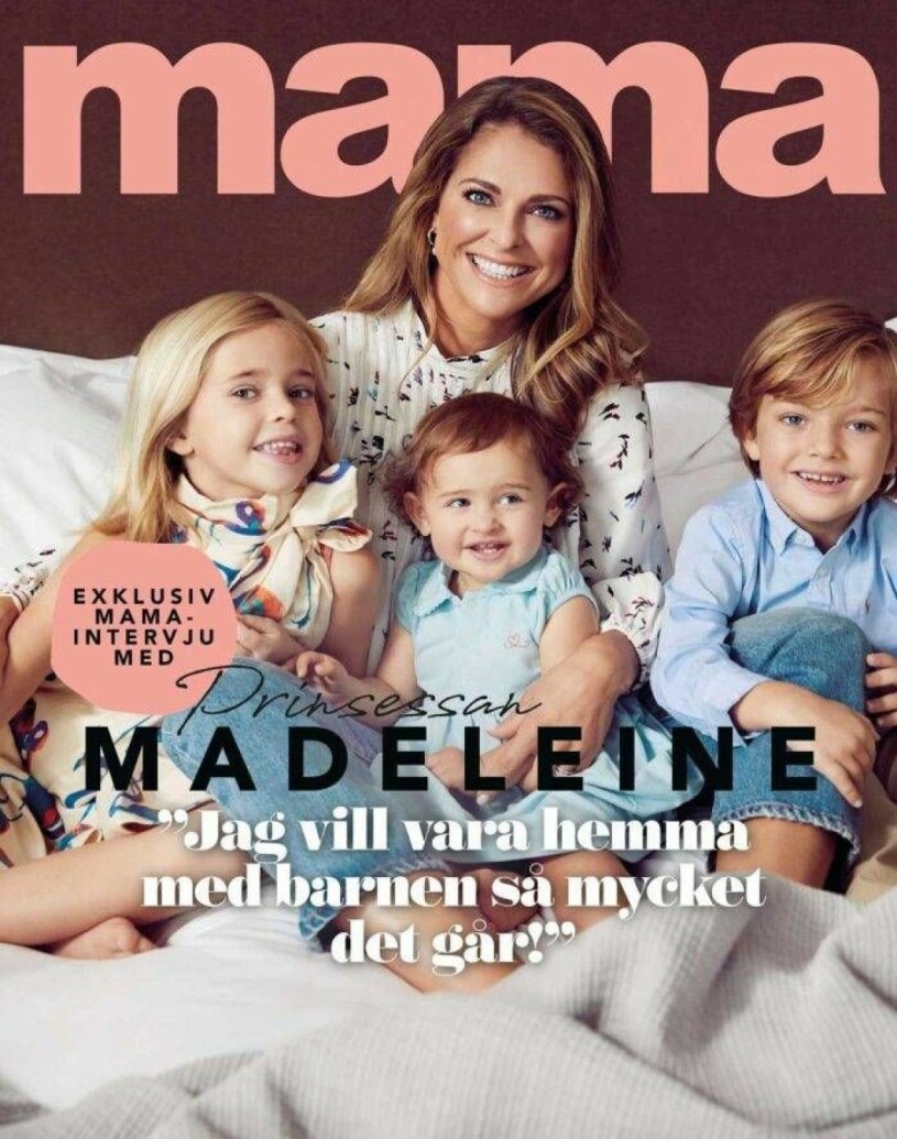 Madeleine med sina tre barn på omslaget av Mama. Stylingen är gjord av Malin Rudén. På fotot bär prinsessan jeans från Acne Studios och en topp från danska Ganni.