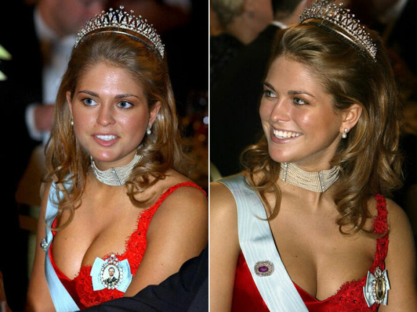 Prinsessan Madeleines egendesignade Nobelklänning fick pristagarna vid honnörsbordet att sätta förrätten i halsen 2002. Friskt vågat, hälften vunnet. Prinsessan Madeleines urringning på Nobelfesten 2002 blev en snackis