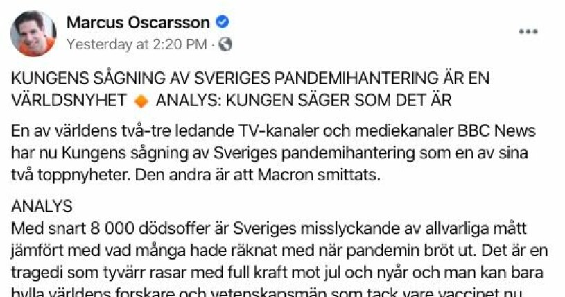 TV4:s politiska kommentator Marcus Oscarsson menar att kungen"säger som det är"! Marcus Oscarsson Facebook