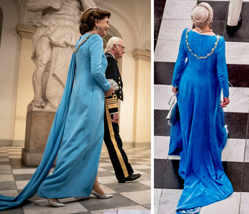 Drottning Silvia och drottning Margrethe i turkosa klänningar med släp