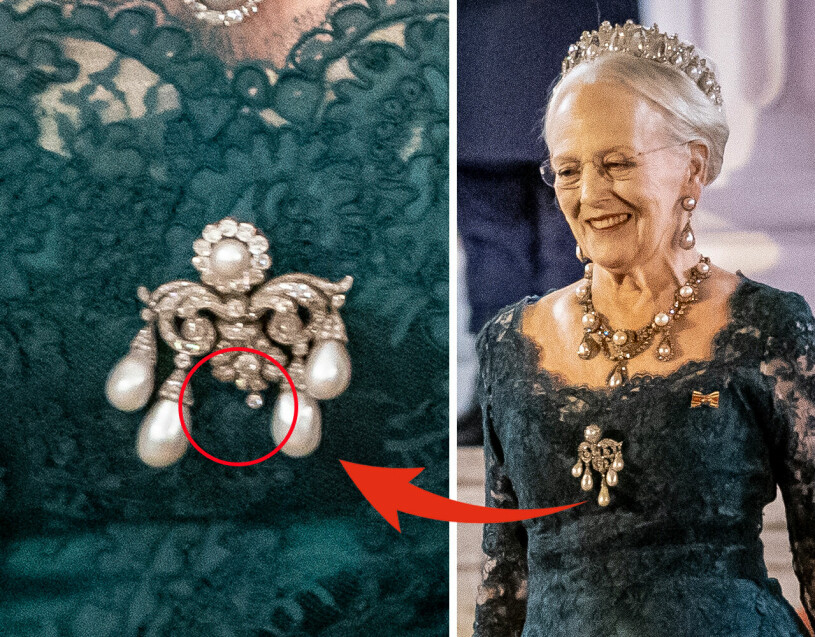 BEFORE AND AFTER: To the right as it appeared upon Margaret's arrival. And to the left after the Queen dropped the pearl. Queen Margaret brooch