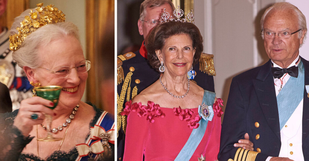 Festen fick skjutas upp, och de kungliga galaklänningarna får hänga kvar i garderoben. Drottning Margrethe kung Carl Gustaf och drottning Silvia.