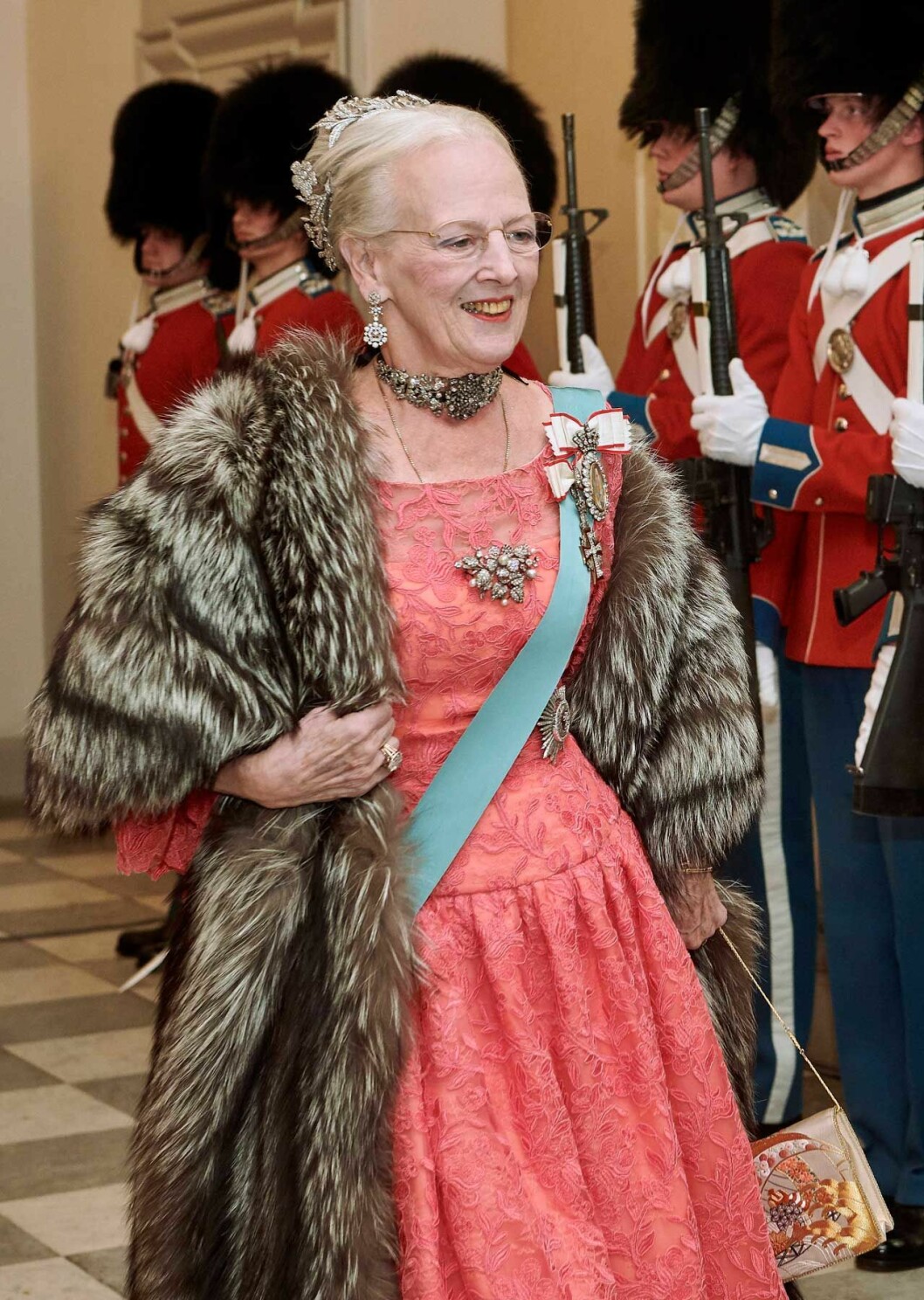 Drottning Margrethe vid galamiddagen på Christiansborg Slot i Köpenhamn.