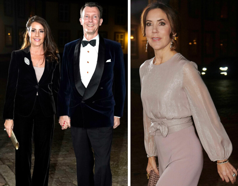 De danska prinsessorna Marie och Mary spred sin kungliga glans – ovanligt nog i byxor båda två. Prinsessan Marie Prins Joachim Kronprinsessan Mary Middag Filmbranschen Fredensborgs slott Puderrosa Jumpsuit Max Mara