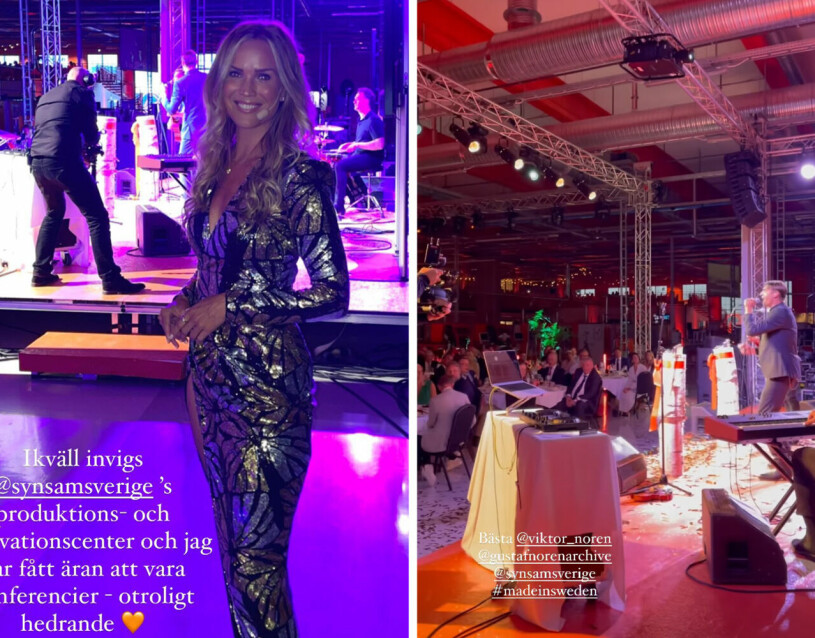 Marie Serneholt i sin glammiga guldklänning. Till höger kvällens artister, Victor och Gustaf Norén. Marie Serneholt konferencier vid Synsams invigning i Östersund