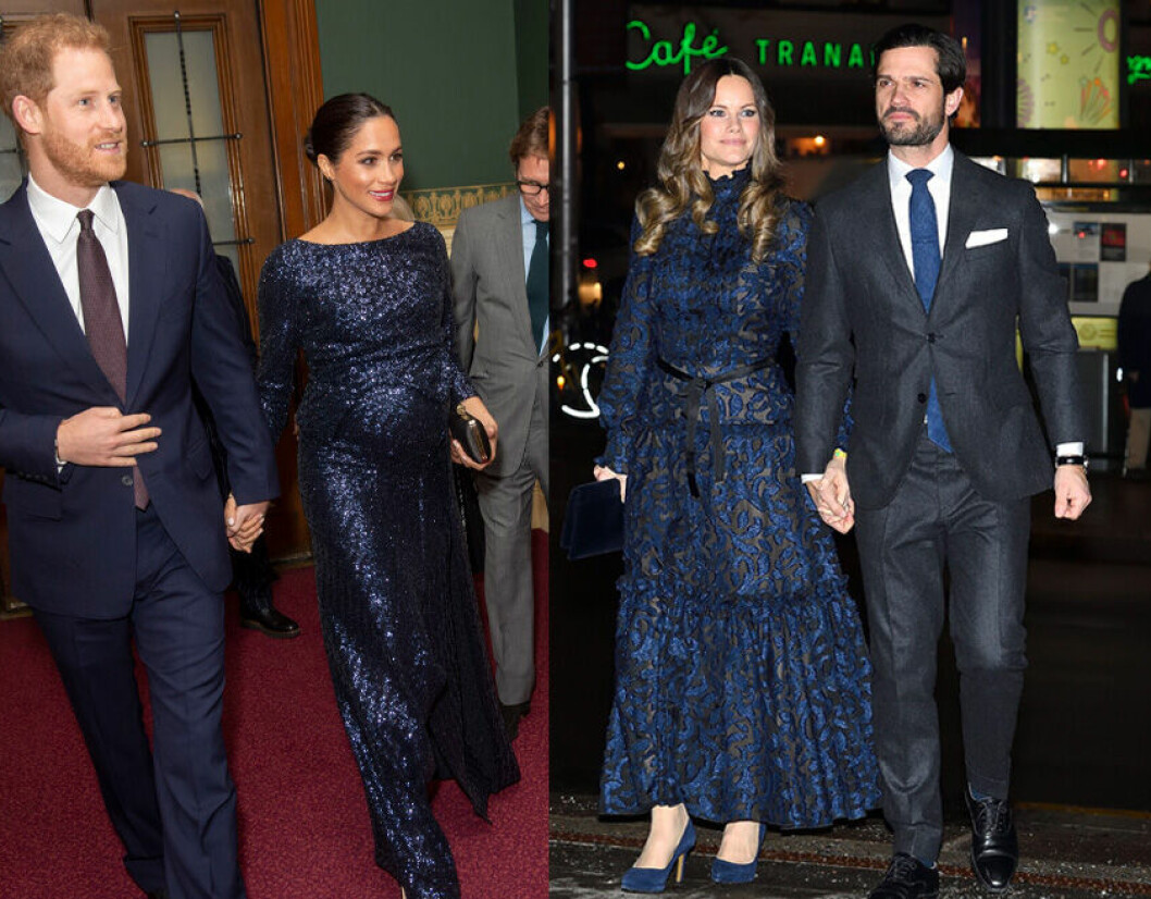 En kunglig favorit – marinblå långklänning! Prins Harry och Meghan Markle i blå klädsel, och prinsessan Sofia i en liknande klänning och prins Carl Philip