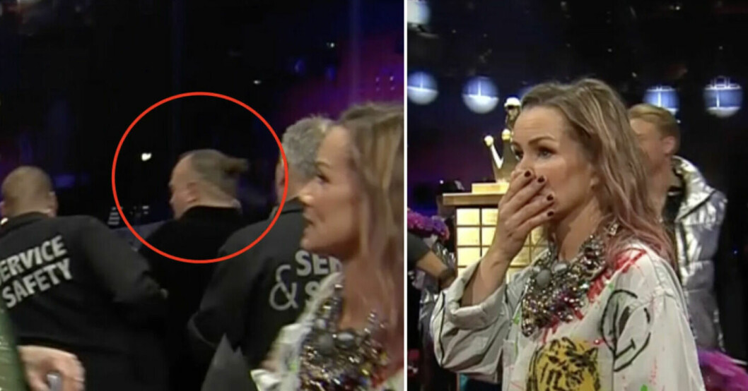 Här forslas Melloprofilen ut från green room. Linda Bentzing är märkbart chockerad! Melodifestivalen