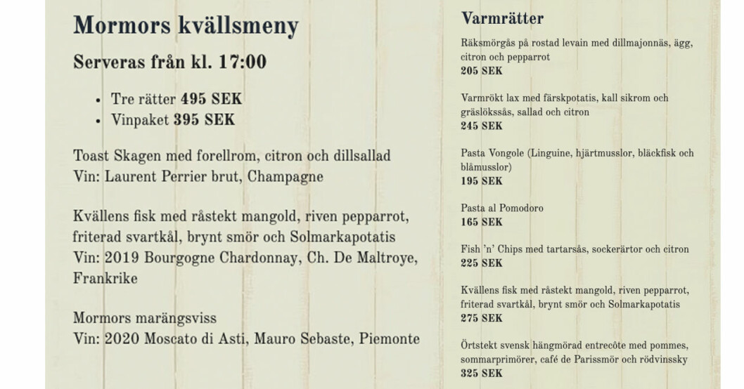 Ett axplock av vad kronprinsessfamiljen hade att välja på. Meny Mormors Bistro
