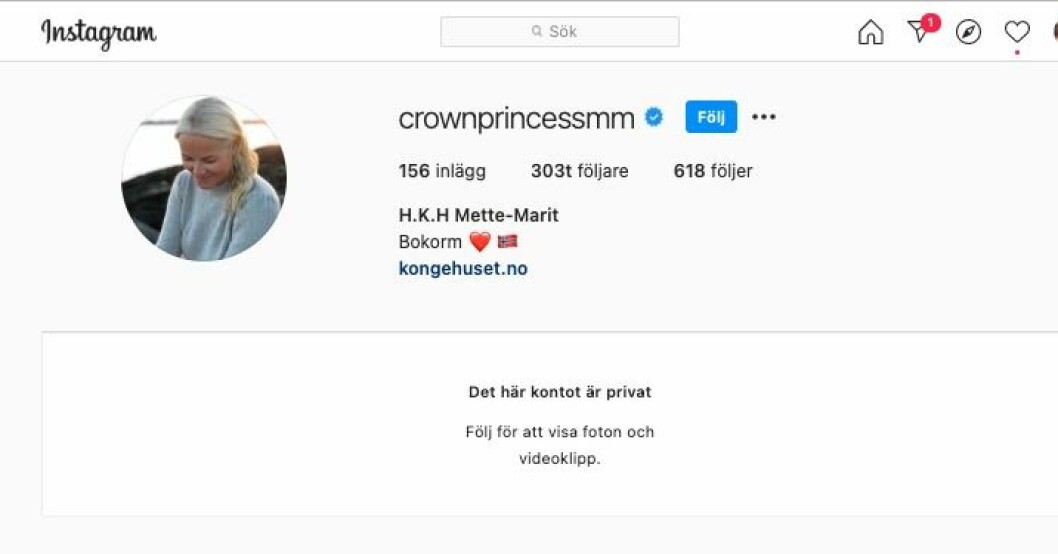 Kronprinsessan Mette-Marit har låst sitt Instagramkonto. Kronprinsessan Mette-Marit Instagram