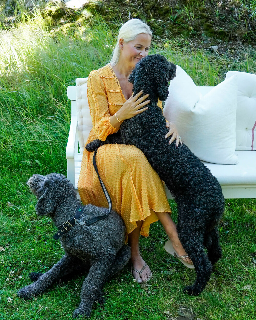Norges kronprinsessa och hennes kelsjuka labradoodles. Mette-Marit med hundarna Muffins Kråkbolle och Milly Kakao