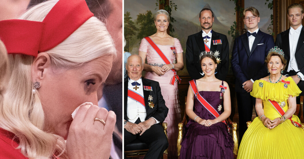 Kronprinsesse Mette-Marit, kronprins Haakon, Marius Borg Høiby, prins Sverre Magnus, kung Harald, prinsessan Ingrid Alexandra och drottning Sonja.