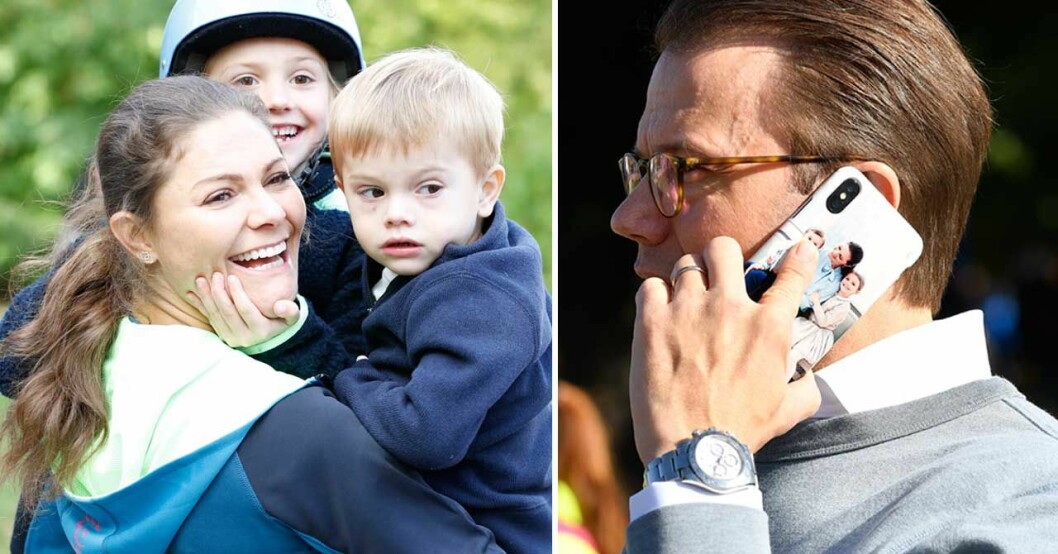 Prins Daniels mobilskal pryds av hans älsklingsbild på kronprinsessan Victoria, prinsessan Estelle och prins Oscar.