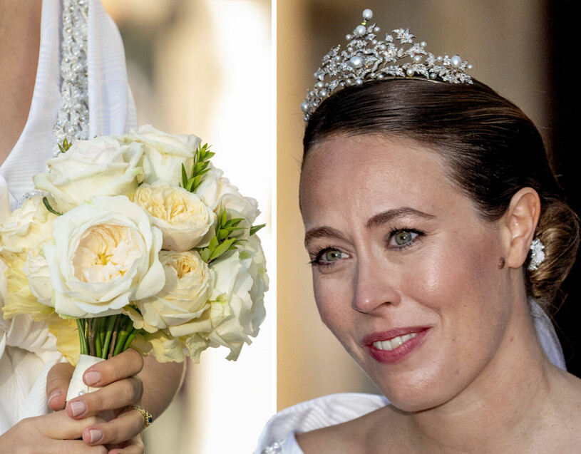 Nyblivna prinsessan Nina i sitt bröllopsdiadem som kommer från svenska kungafamiljen.