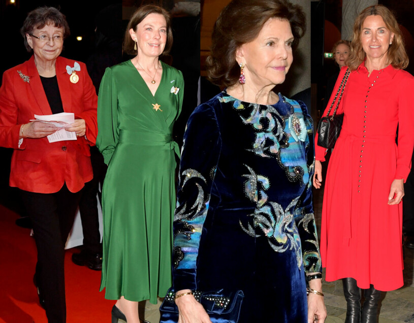 Drottningen omgiven av från vänster Hugh Grants svärmor Susanne Eberstein (tidigare förste vice talman), statsfrun Anna Hamilton och hovets informationschef Margareta Thorgren. Nobel 2021 Susanne Eberstein, Anna Hamilton, drottning Silvia, Margareta Thorgren
