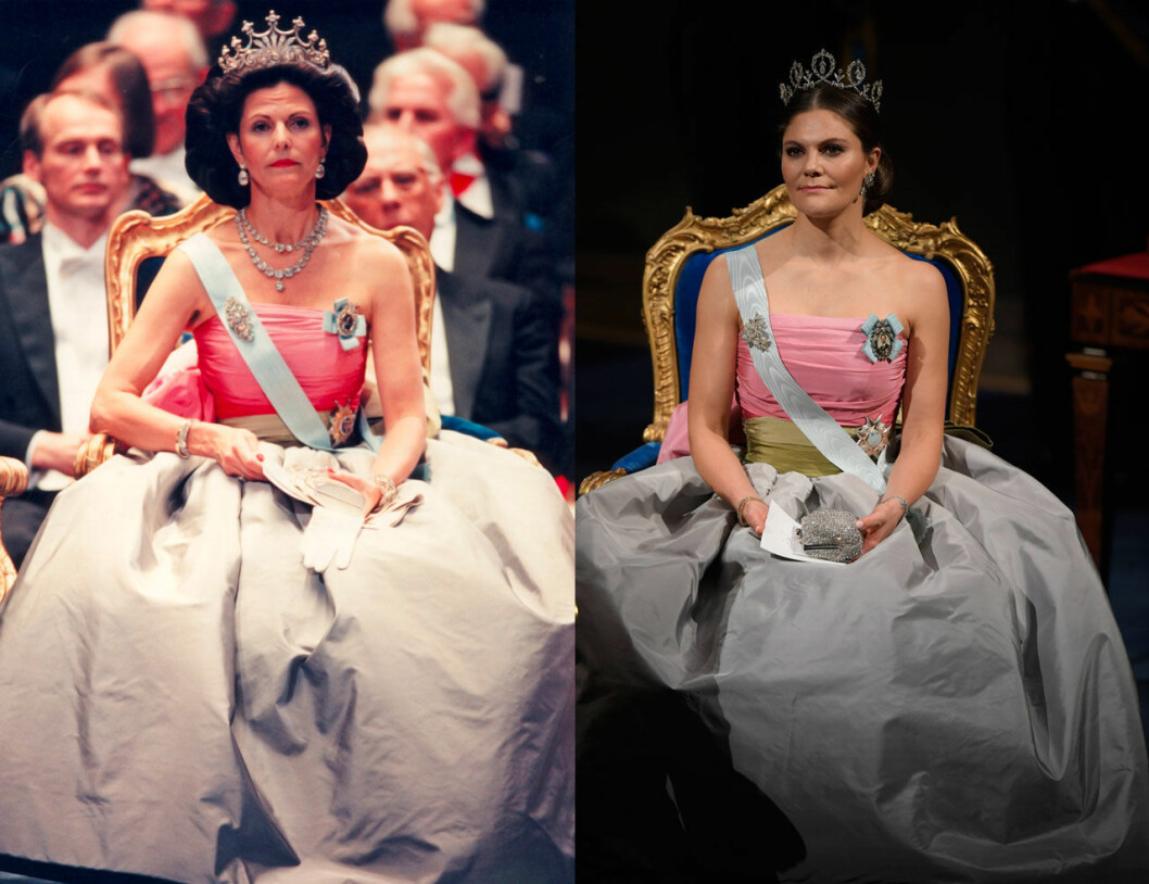 Victoria på Nobel 2018 – klädd i drottningens gamla Nina Ricci-klänning, en succé redan på Nobelfesten 1995. Victoria Nobel 2018