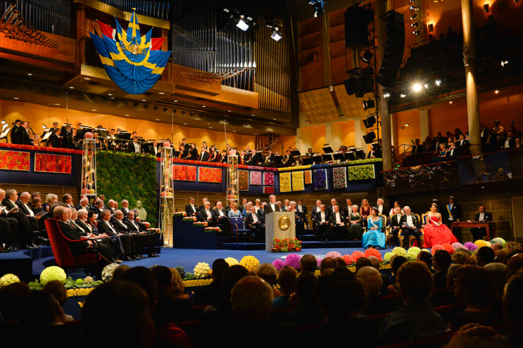 Så här brukar det se ut under Nobelprisutdelningen i Konserthuset – i vanliga fall. Nobelprisutdelningen Konserthuset