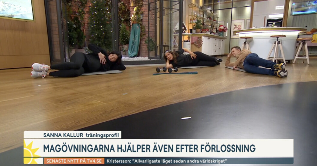 Den före detta friidrottaren Susanna Kallur visar upp träningsövningar för gravida i andra trimestern i Nyhetsmorgon